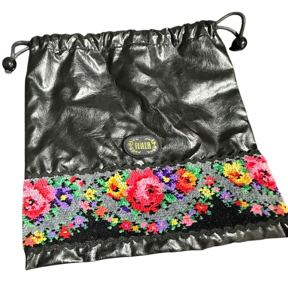 Feiler Germany Black Faux Leather Floral Chenille Tapestry Drawstring Pouch Bag